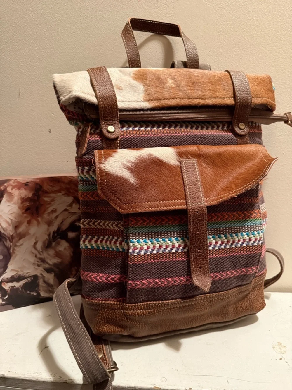MYRA KITSCHY Cowgirl Southwest Boho Backpack Large Bag Cowhide Animal Print EUC